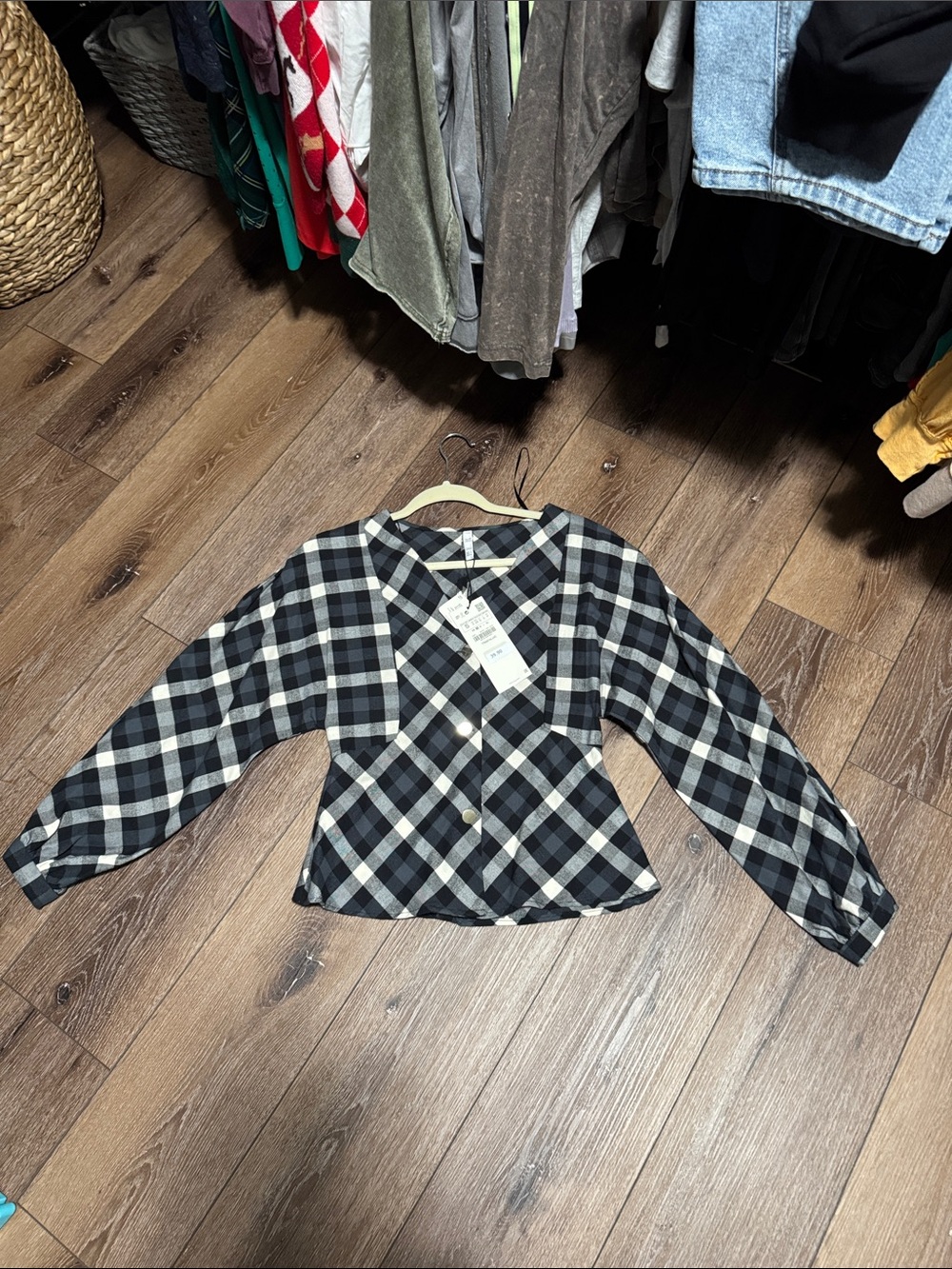 Zara Black and White Plaid Button-Front Blouse